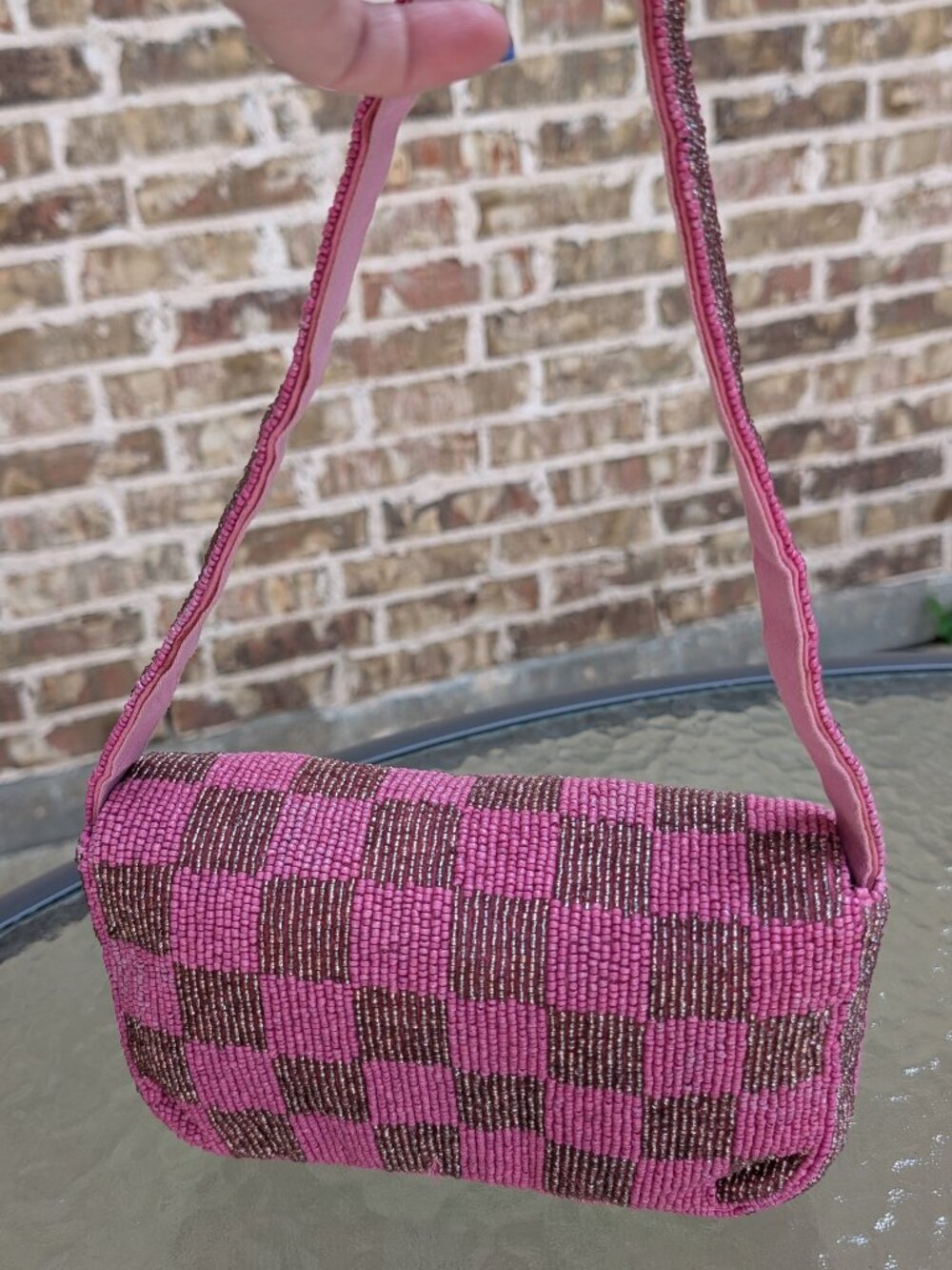 ANTHROPOLOGIE Pink Checkered Viral Beaded Bag - Picture 3 of 6